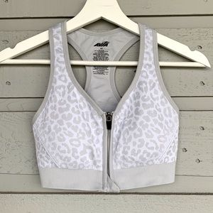 AVIA PERFORMANCE ZIP-FRONT SEAMLESS RACER BACK SPORTS BRA CHEETAH LIGHT GRAY